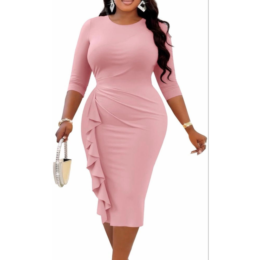 NEW Pink Plus Size Career 3/4 Sleeve Bodycon Ruffle Pencil Midi Dress XL